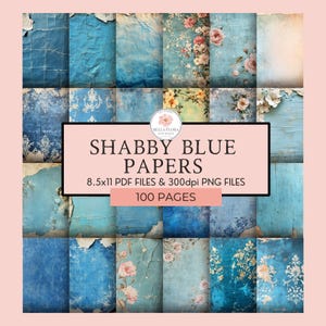 Shabby Blue Papers, 100 Pieces, Vintage Digital Paper, Antique Printable, 8.5x11 Junk Journal Collectanea, Cut and Collage, Scrapbooking Art