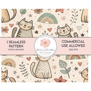 Cat Seamless Pattern Digital Download, Cute Rainbow Flower Repeat Pattern, Kawaii Kitten Animal Design, 12x12 inch Cat Digital Paper, PNG