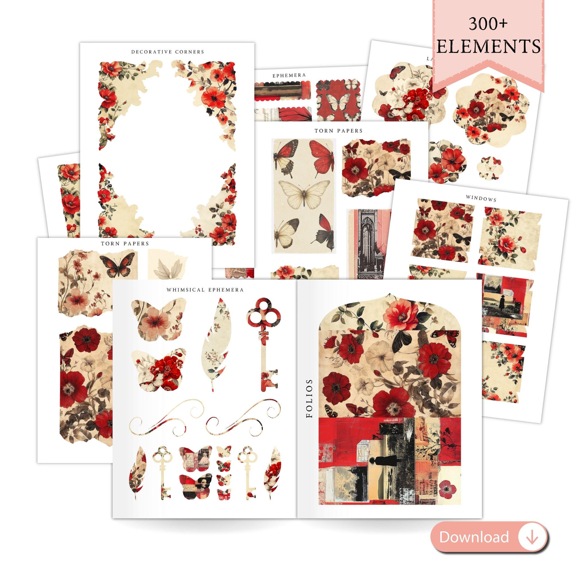 Vintage Red Flowers and Butterflies Junk Journal Kit, Shabby