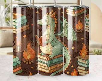 Leesgrage Dragon Tumbler Wrap PNG, rechte en taps toelopende versies, digitale download, Reading Dragon-ontwerp, 20oz magere Tumbler Wrap