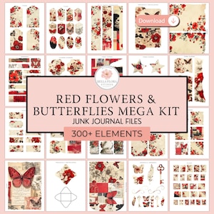 Kit de diário de lixo com flores e borboletas vermelhas vintage, itens efêmeros vermelhos vintage surrados, coleção de diário de arte, corte e colagem, scrapbooking