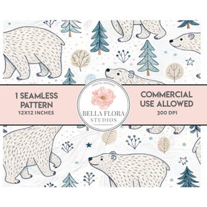 May include: A seamless pattern featuring white polar bears walking in a snowy forest with blue and green trees. The pattern is 12 inches by 12 inches and is 300 DPI. The text "1 Seamless Pattern 12x12 inches" and "Commercial Use Allowed 300 DPI" is included in the image.