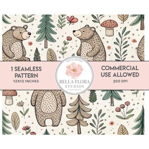 Op de afbeelding: Een naadloos patroon met bruine beren, groene bomen en rode bessen op een crèmekleurige achtergrond. Het patroon is 12 inch bij 12 inch en heeft een resolutie van 300 DPI. De tekst "1 Seamless Pattern 12x12 inches" en "Commercial Use Allowed 300 DPI" wordt weergegeven op een roze banner.