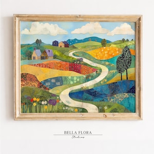 Könnte beinhalten: Ein gerahmtes Landschafts-Collage-Kunstwerk mit einem geschwungenen weißen Pfad durch hügelige Landschaften aus gelbem, grünem, blauem und orangefarbenem Strukturpapier. Die Szene zeigt kleine Häuser, stilisierte Bäume und weiße Wolken. Text: BELLA FLORA Studios.
