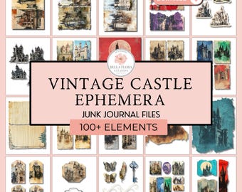 Vintage Schloss Ephemera Kit, Junk Journal Digitale Dateien, Tags, Folios, Taschen, Fussy Schnitte, Schloss Scrapbooking Bilder, mittelalterliche Burgen