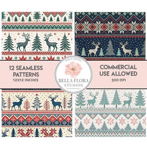 Op de afbeelding: Set van 12 digitale naadloze patronen met een winterse feestthema. De patronen omvatten de kleuren rood, blauw, groen en wit met sneeuwvlokken, rendieren en dennenbomen. De patronen zijn 12x12 inch en 300 DPI. Commerciële gebruik is toegestaan.