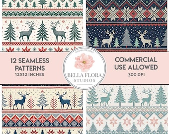 Seamless Nordic Christmas Sweater Digital Paper Patterns Bundle, Deer Tree Festive Design, Commercial Use, 12x12, Set of 12, Repeatable