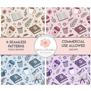 Paquete de 4 patrones sin costuras de libros y café, garabatos en rosa, morado, azul y marrón, 30,5 x 30,5 cm, uso comercial, diseño de telas, papel digital, ideal para amantes de los libros.
