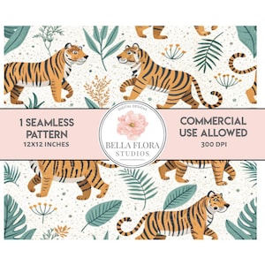 May include: A seamless pattern featuring orange and black tigers walking through a jungle with green leaves and white flowers on a white background. The text "1 Seamless Pattern 12x12 inches" and "Commercial Use Allowed 300 DPI" is displayed on a pink banner.