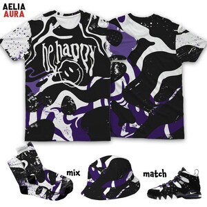 AM CB 94 Black Pure Purple Pattern Be Happy 3D T-Shirt Sweatshirt Socks Hat, Sneaker Matching Tee, Outfit To Match Sneaker