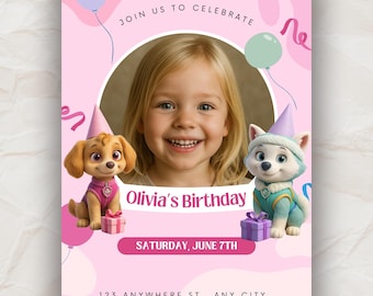 Puppies Heroes Birthday Invitation Pink | Editable Canva Template