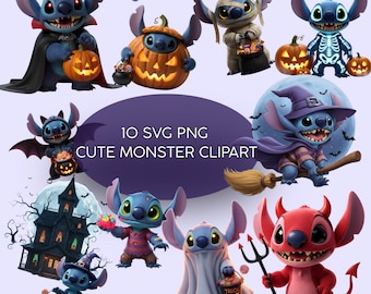 Halloween Stitch Monster Clipart: PNG SVG Bundle (10 Digital Files)