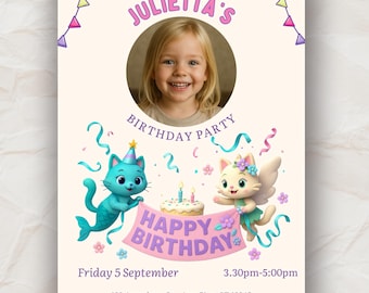 Cat Birthday Invitation Template, Photo Frame, Editable Canva (PDF)