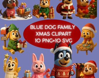 Blue Dog Family Christmas Clipart | 10 PNG 10 SVG | Kids Holiday Art