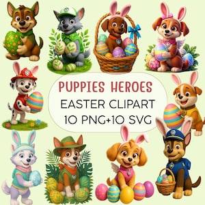 May include: A digital illustration of cartoon puppies celebrating Easter. The puppies are depicted with Easter eggs and bunny ears. The image includes the text "Puppies Heroes Easter Clipart 10 PNG+10 SVG".