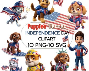 Puppies Heroes Independence Day |10 PNG + 10 SVG Bundle