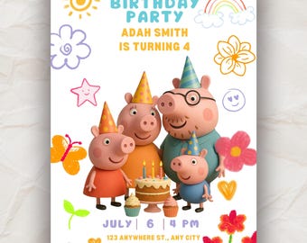 Pig Family Birthday Invitation | Editable Canva Template (PDF)