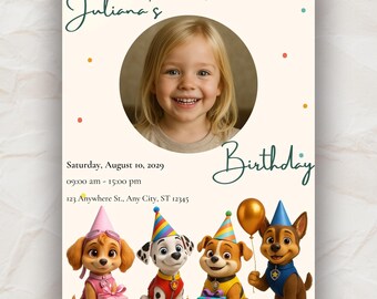 Puppies Heroes Birthday Invitation Beige | Editable Canva Template