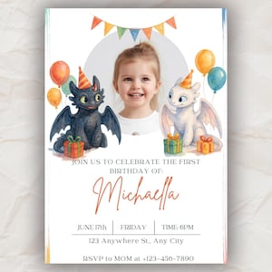 May include: Birthday invitation featuring a child's photo, cartoon dragons, balloons, and party hats. The text reads "Join us to celebrate the first birthday of: Michaella, June 17th, Friday, Time 6PM, 123 Anywhere St., Any City, RSVP to MOM at +123-456-7890."