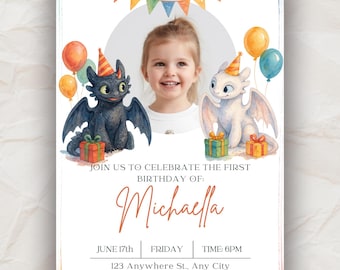 Baby Dragon Birthday Invitation | Canva Template | Photo Editable