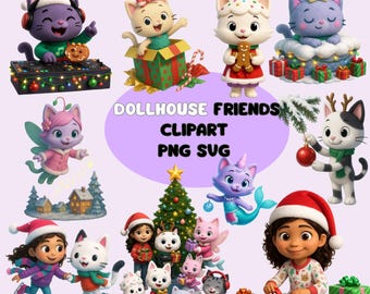 3D Dollhouse Cat Christmas Clipart | Cute Holiday Cats PNG SVG Bundle | Kids Festive Characters