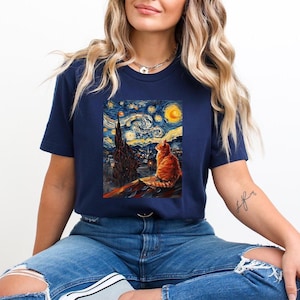 Van Gogh Inspired Starry Night Cat Shirt,Van Gogh Cat T-Shirt,Whimsical Van Gogh Cat Shirt, Gift For Cat Lover,Cat Lover Gift, Cat Mom Shirt