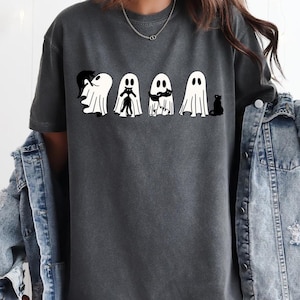 Comfort Colors® Ghost Cat Shirt, Cute Cat Lovers Shirt,Halloween Cat Shirt, Spooky Season Gift, Ghost Black Cats,Retro Ghost Halloween Shirt