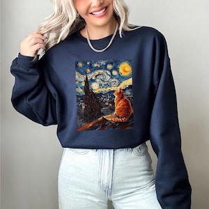 Van Gogh Inspired Starry Night Cat Sweatshirt,Van Gogh Cat Shirt,Whimsical Van Gogh Cat Tee,Gift For Cat Lover,Cat Lover Gift, Cat Mom Shirt