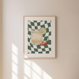 Pittige Margarita-cocktail donkergroene print | Esthetische muurdecoratie als print | Trendy, retro, barwagen | Digitale, afdrukbare directe download
