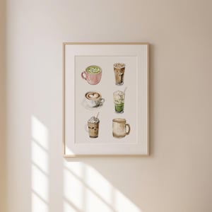 May include: A watercolor illustration of six different coffee drinks, including a latte, cappuccino, iced coffee, and matcha latte. The drinks are all in white mugs or glasses with a white background.