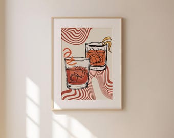 Könnte beinhalten: Zwei Gläser mit roten Cocktails mit Eiswürfeln und einer Zitronenscheibe auf einem Hintergrund aus roten und weißen Streifen.