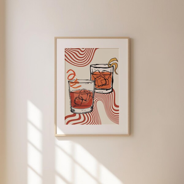 Retro Negroni Cocktails Print | Aesthetic Wall Art Print Poster Decor | Trendy, Eclectic, Art Deco | Digital, Printable, Instant Download