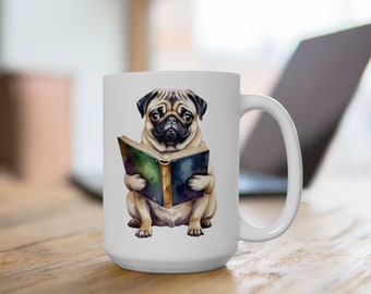 Adorable Book Loving Pug Mug | Whimsical Gifts for Dog Lovers | Featuring 15 oz Mug Designs