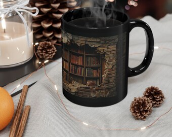 Black Ceramic Mug | 11oz and 15oz | Glossy Finish | Hidden Library | Perfect for Book Lovers | Unique Library of Books Design