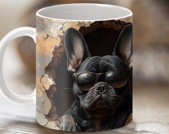 French Bulldog Mug Cool Dog Mug with Sunglasses for Dog Lovers, Cute Dog in Cracked Wall Design, Perfect Gift