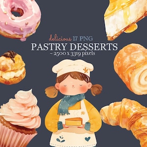 Pode incluir: Uma coleção de 17 sobremesas de pastelaria ilustradas, incluindo um donut rosa, um croissant, um bolo em espiral, um cupcake e um pasteleiro segurando uma fatia de bolo. O texto "delicious 17 PNG PASTRY DESSERTS ~ 2500 x 3319 pixels" é exibido em um fundo azul escuro.