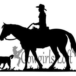 Cowgirl Riding Horse with her Dog Decal Vehicle truck trailer Window Vinyl Trail Rider Animal Image Color Size Options