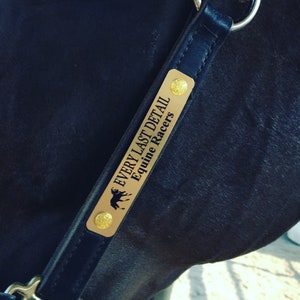 Puede incluir: Un cabezal de cuero negro con una placa de nombre de metal dorado que dice "EVERY LAST DETAIL  Equine Racers".