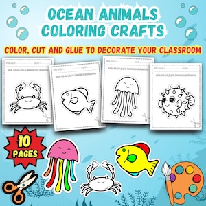 Ocean Scene Cut & Paste Craft, Sea Creatures Coloring Page Activity, Marine Animals Educational Worksheet, Underwater Art Beach Printable