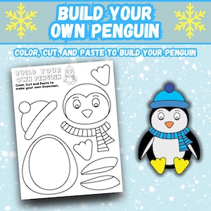 May include: A penguin craft kit with the text "BUILD YOUR OWN PENGUIN". The kit includes a sheet with penguin body parts to colour, cut, and paste. A finished penguin illustration is shown wearing a blue hat and scarf.