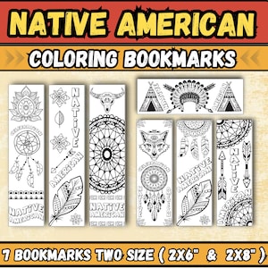 May include: Seven black and white Native American themed coloring bookmarks. The bookmarks feature dreamcatchers, feathers, arrows, and other traditional designs. The bookmarks are available in two sizes: 2x6 inches and 2x8 inches.
