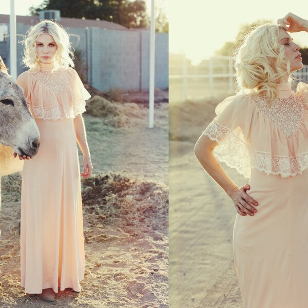 Whimsical Peach Lace Dream 1970s Maxi Dress