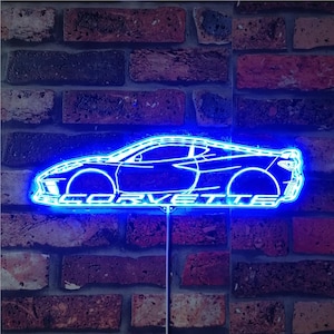 Enseigne lumineuse néon 3D Corvette C8, cadeaux pour fans de voitures de sport, cadeaux déco homme des cavernes, enseigne LED pour garage