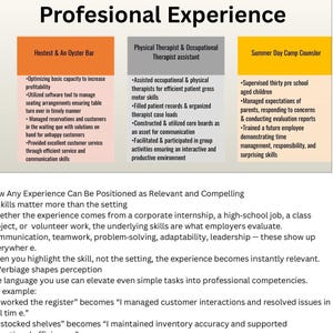 Peut inclure: Un document intitulé « Expérience professionnelle » avec trois sections : Hostest & An Oyster Bar, Assistant en physiothérapie et ergothérapie, et Moniteur de camp d'été. Chaque section énumère les tâches.