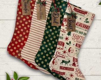 Retro Farmhouse Christmas Stocking Personalized Gift Under 50 Stocking with Name Tag Stocking Gift for Him Present for Her Christmas Decor