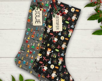 Scientist Christmas Stocking Personalized Gift Under 50 Stocking with Name Tag Stocking Gift Him Present for Her Nerdy Gift Christmas STEM