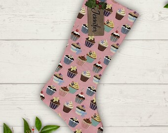 Pink Cupcake Christmas Stocking Personalized Gift Under 50 Stocking with Name Tag Stocking Gift Child Present for Baker Christmas Food Cute