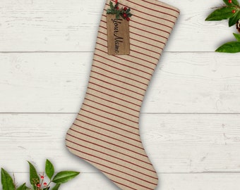 Rustic Red Stripe Farmhouse Christmas Stocking Personalized With Name, Large, Handmade by jennjohn