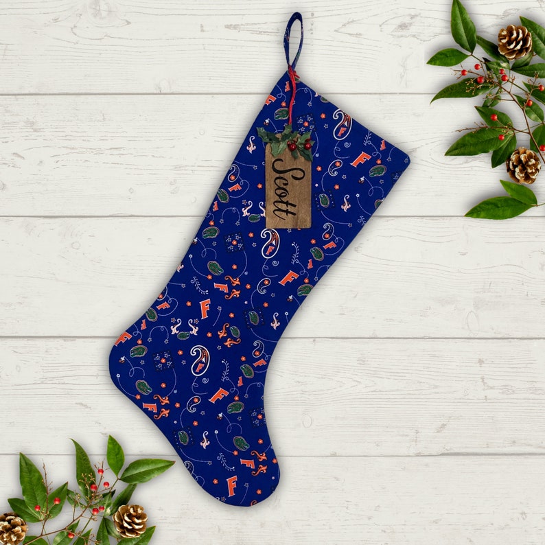 Florida Christmas Stocking Personalized Gift Grad Stocking with Name Tag Stocking Gift for Him Present for College Student Sports Fan Gator paisley