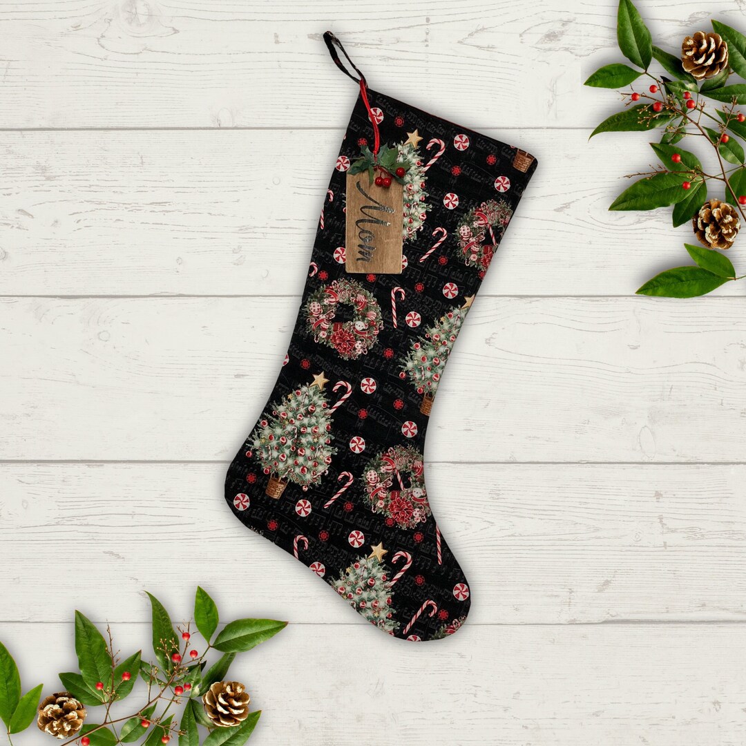 Personalized Large Black Wreath Tree Christmas Stocking With Etsy